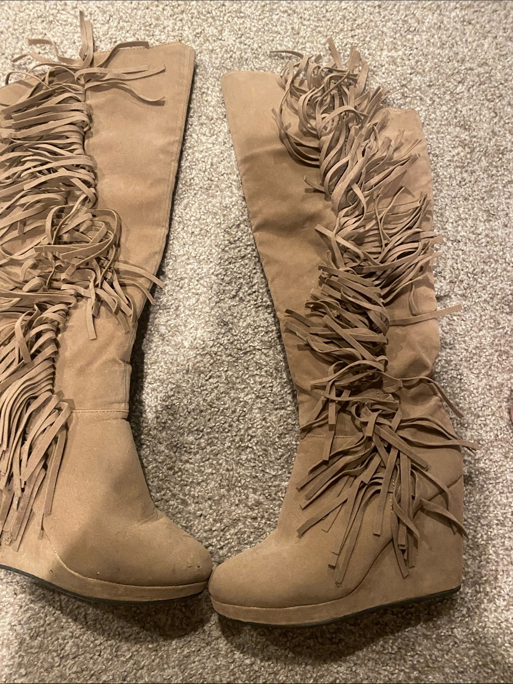 Wet Seal Tan Fringe Knee-High Wedge Boots